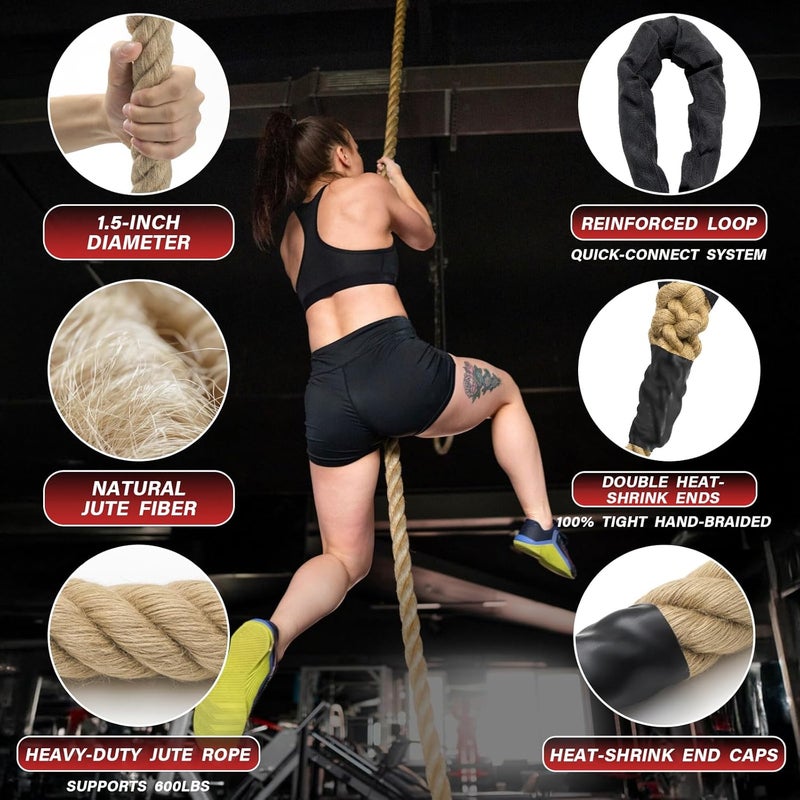 Sodlar Climbing Rope Gym Workout - 10FT 15FT 20FT 25FT 30FT 35FT Heavy Duty Jute Thick Ropes for Adults Strength Training Outdoor Tree Swing Indoor Home Fitness Exercise - 1.5 Inch - Image 4